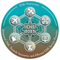 ICNS 2025 - 25th Anniversary, Integrated CNS: Towards Innovative and Efficient CNS Services Provision. 5 elements interconnected: plane, satellite, drone, airport, computer, ground radar dish.