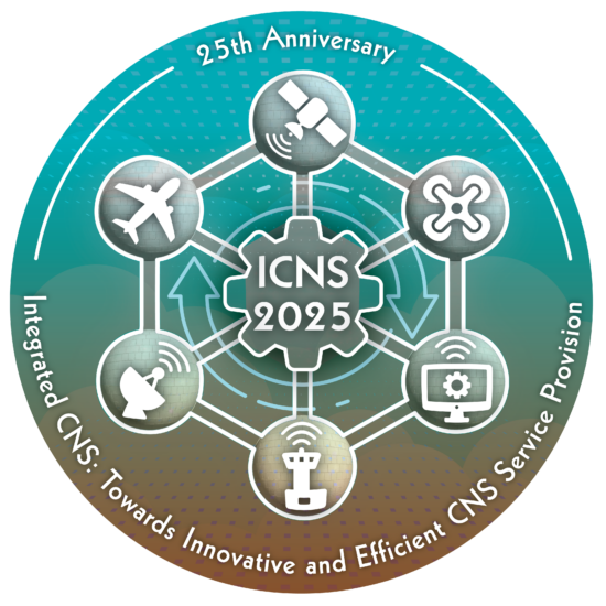 ICNS 2025 - 25th Anniversary, Integrated CNS: Towards Innovative and Efficient CNS Services Provision. 5 elements interconnected: plane, satellite, drone, airport, computer, ground radar dish. 