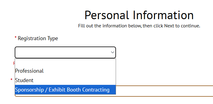 Selection for Sponsor/Exhibit Booth Contracting shown in the dropdown.