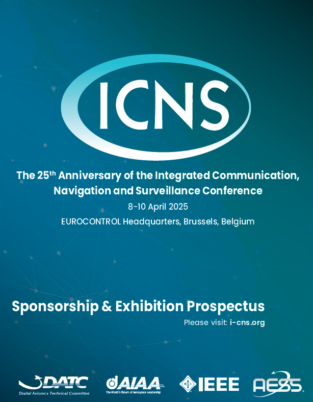 Cover page of the 2025 Sponsorship & Exhibition Prospectus containing ICNS logo, conference name, date, location, and logos for DATC, AIAA, IEEE, and AESS