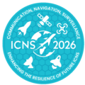 ICNS 2026 circular emblem reading “Communication, Navigation, Surveillance” and “Enhancing the Resilience of Future ICNS,” with icons of an aircraft, satellite, rocket, drone and radar around a globe.