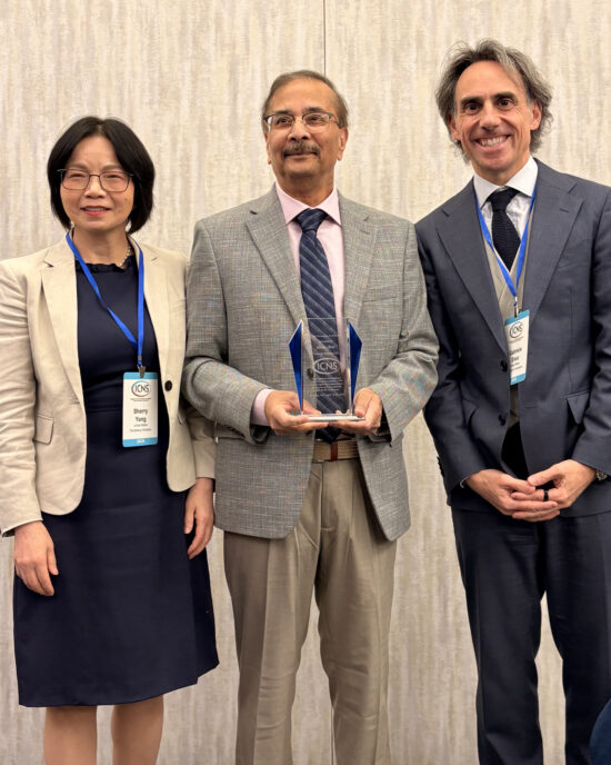 Conference General Co-chair Sherry Yang, ICNS 2026 Champion Award recipient Aloke Roy, and Plenary Program Co-chair Dr. Gabriele Enea.