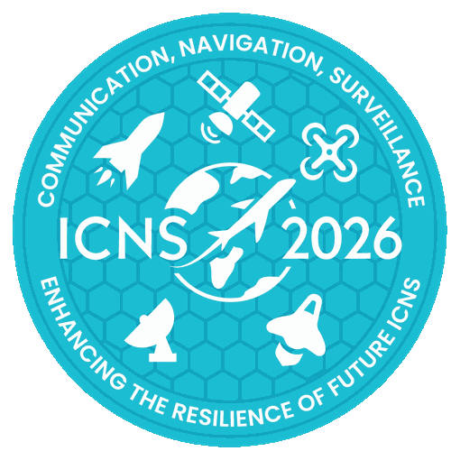 ICNS 2026 circular emblem reading “Communication, Navigation, Surveillance” and “Enhancing the Resilience of Future ICNS,” with icons of an aircraft, satellite, rocket, drone and radar around a globe.